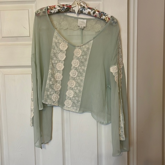 Teal Lace Trim Blouse - Picture 1 of 7